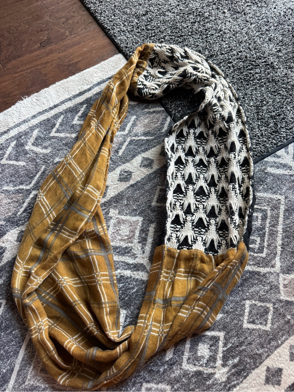 Reversible Mustard Plaid & Black Cream Infinity Scarf